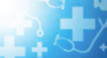 Clean medical presentation background with blurred stethoscope and cross symbols, simple blue and white backdrop for healthcare or hospital related content