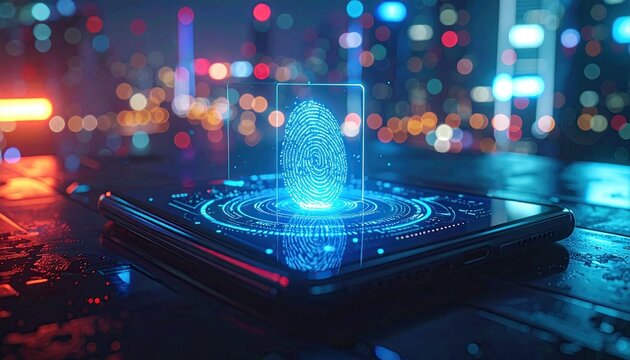 Glowing Fingerprint Interface on Smartphone with Bokeh Cityscape at Night