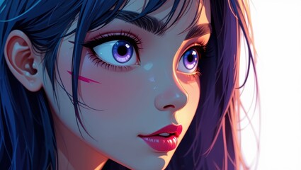 Close-Up Portrait of a Young Female Character with Blue Hair and Purple Eyes in Digital Art