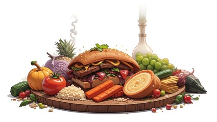 Colorful Food Platter with Gourmet Burger Fresh Vegetables and Diverse Ingredients on Wooden Board