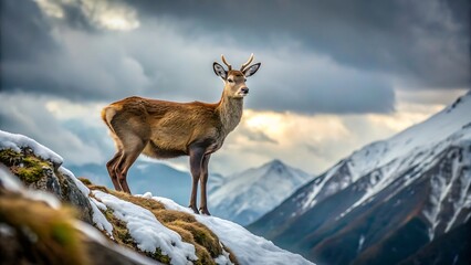 Obraz premium Majestic deer stands proudly overlooking a snowy mountain landscape