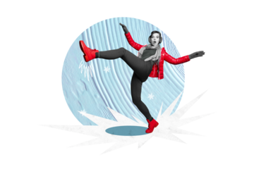 Sketch composite collage of winter season advent Christmas holiday happy young woman walk wide step boots omg face snow greeting card