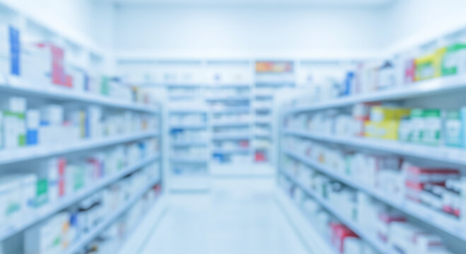Sterile and clean interior of chemist shop or hospital dispensary, pharmaceutical retail store for product placement, nobody in empty drugstore for medical banner.