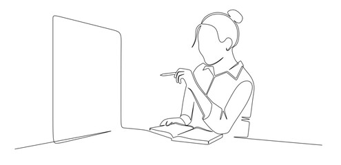 Continuous line art of a female students holding paper and pens and books in front of them. Concept of a student studying.