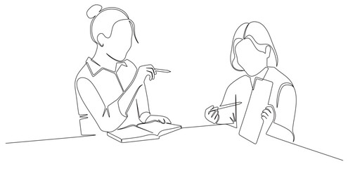 Continuous line art of two female students holding paper and pens and books in front of them while having a dialogue. The concept of a student studying.