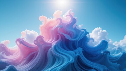 Majestic Waves of Blue and Pink Flowing Beneath a Bright Sun in a Clear Blue Sky