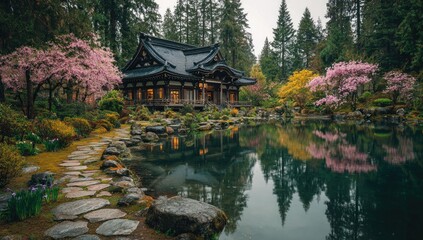 Tranquil Japanese garden with cherry blossoms reflecting in a pond