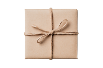A beautifully wrapped gift box tied with twine on a white background, perfect for celebrations and special occasions.