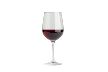 A classic red wine glass filled with rich, deep red wine on a white isolated background.