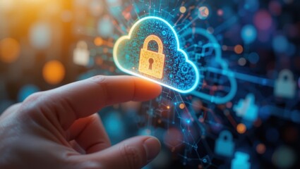 Hand Reaching for Cloud Security Symbol with Lock and Digital Connections Representing Data Protection