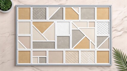 Fototapeta premium Elegant Abstract Gallery Wall: A sophisticated, geometrical gallery wall arrangement featuring diverse textures and muted tones, showcasing modern interior design and the beauty of art. 