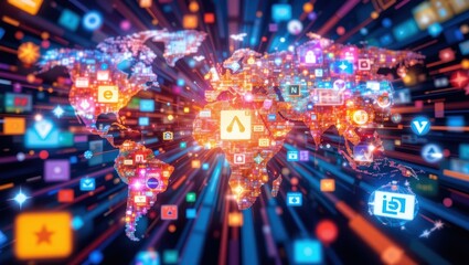 Digital World Map with Colorful Icons Representing Global Communication and Interaction