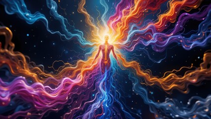 Abstract Representation of Energy Flowing from a Central Figure Surrounded by Vibrant Colors