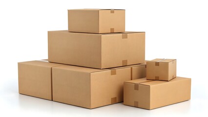 A stack of various sized cardboard boxes on a white surface