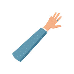 Cartoon hand with raised four fingers. Human palm with a gesture to count number four. Arm a blue sleeve, flat style, isolated design element, educational and professional use.