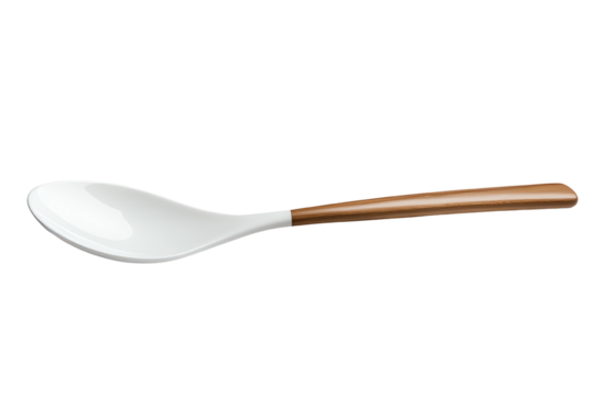 A sleek white spoon with a wooden handle, perfect for serving or enjoying a delightful meal.