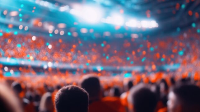 Crowd celebrates at a vibrant sports event in a packed stadium at night