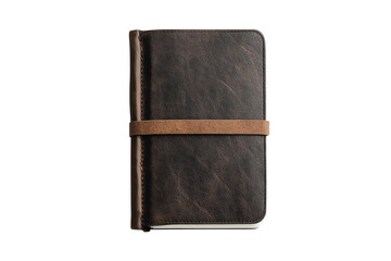 A stylish leather journal with a brown cover and a strap, perfect for writing and sketching on a rustic desk.