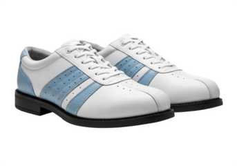 A pair of white and light blue leather golf shoes isolated on transparent background, showcasing a classic design with a sporty and stylish aesthetic