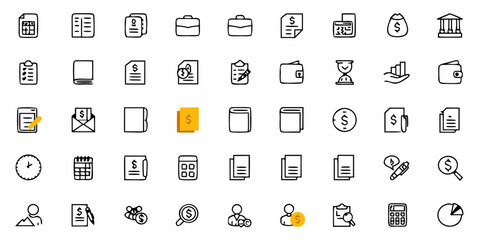 Illustration of various business and finance icons including documents money and office related symbols