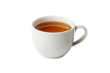 A white cup filled with steaming hot tea, isolated on a clean background.