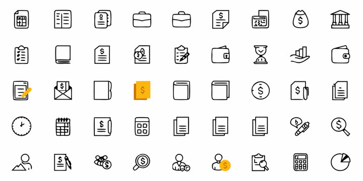 Illustration of various business and finance icons including documents money and office related symbols