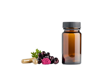 Amber bottle with dietary supplements and fresh berries on white background.