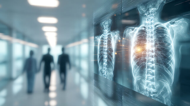 Medical professionals walking in a hospital corridor with digital x-ray images of human anatomy displayed on a wall screen - Powered by Adobe