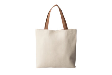 Canvas tote bag with brown leather handles on a white isolated background.