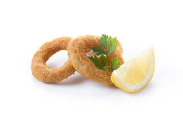 Crispy fried squid rings isolated on white background
