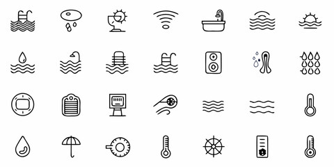 Collection of various outline icons related to water and weather conditions in a grid layout