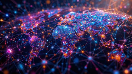 Obraz premium Glowing Digital World Map with Abstract Network Connections and Vibrant Light Effects