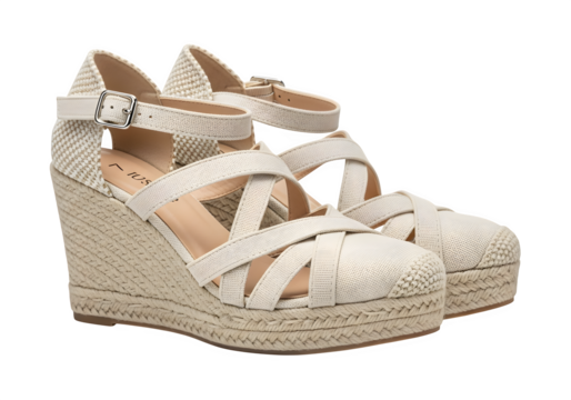 Pair of beige wedge espadrille sandals isolated on transparent background, featuring a platform sole and ankle strap, perfect for summer fashion and style