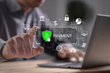 Close-up of businessman using laptop with secure payment digital interface, representing online banking, financial transaction, e-commerce, fintech solutions, and secure digital money transfer.
