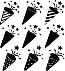 Black Party Poppers Vector Illustration Set with Stars and Dots