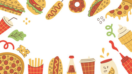 Fast Food Background. Hand Drawn Playful 1920x1080 ratio Frame with various snacks and drinks. Cartoon menu design. Flat vector illustration