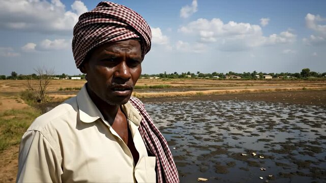 Indian farmer looking over muddy paddy field in rural village. Authentic outdoor portrait. Agriculture and rural life. Climate change and food security banner