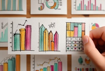 Hand holding a small card with hand-drawn charts and graphs
