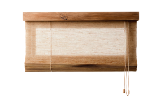 Elegant wooden window blind with natural fabric, designed to enhance interior aesthetics and light control.