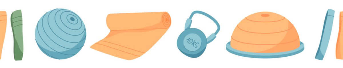 Seamless border in minimal style with colorful yoga equipment pattern. Frame design featuring mat, gym accessories, and workout tools. Perfect for fitness, sport decor, or health and wellness