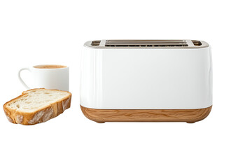 Modern toaster with a slice of bread and cup on a white background, perfect for kitchen or breakfast settings.