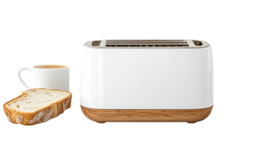 Modern toaster with a slice of bread and cup on a white background, perfect for kitchen or breakfast settings.