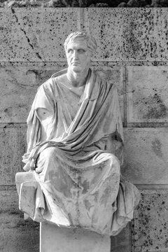 Monochrome view of Statue of Menander on the south slope of the Acropolis in Athens, Greece.