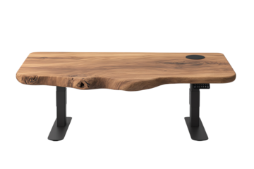 Natural wood desk with a unique shape, featuring sleek black metal legs on a white isolate background.