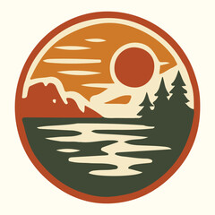 Lakeside Sunset Badge – Camping and Fishing Emblem