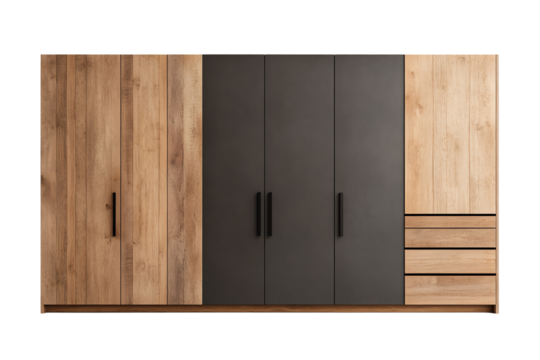 Modern wooden wardrobe with a sleek black center, featuring multiple doors and drawers for stylish storage.