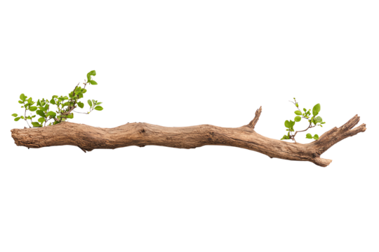 Natural wooden branch with fresh green leaves, isolated on white background.