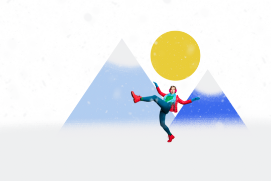 Composite photo collage of astonished girl fall slippery snow winter walk big snowdrift mountain season isolated on painted background