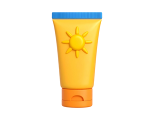 Yellow sunscreen tube with sun icon, 3D rendered for sun protection.