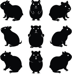Black Hamster Silhouettes: Cute Animal Vector Illustrations Set